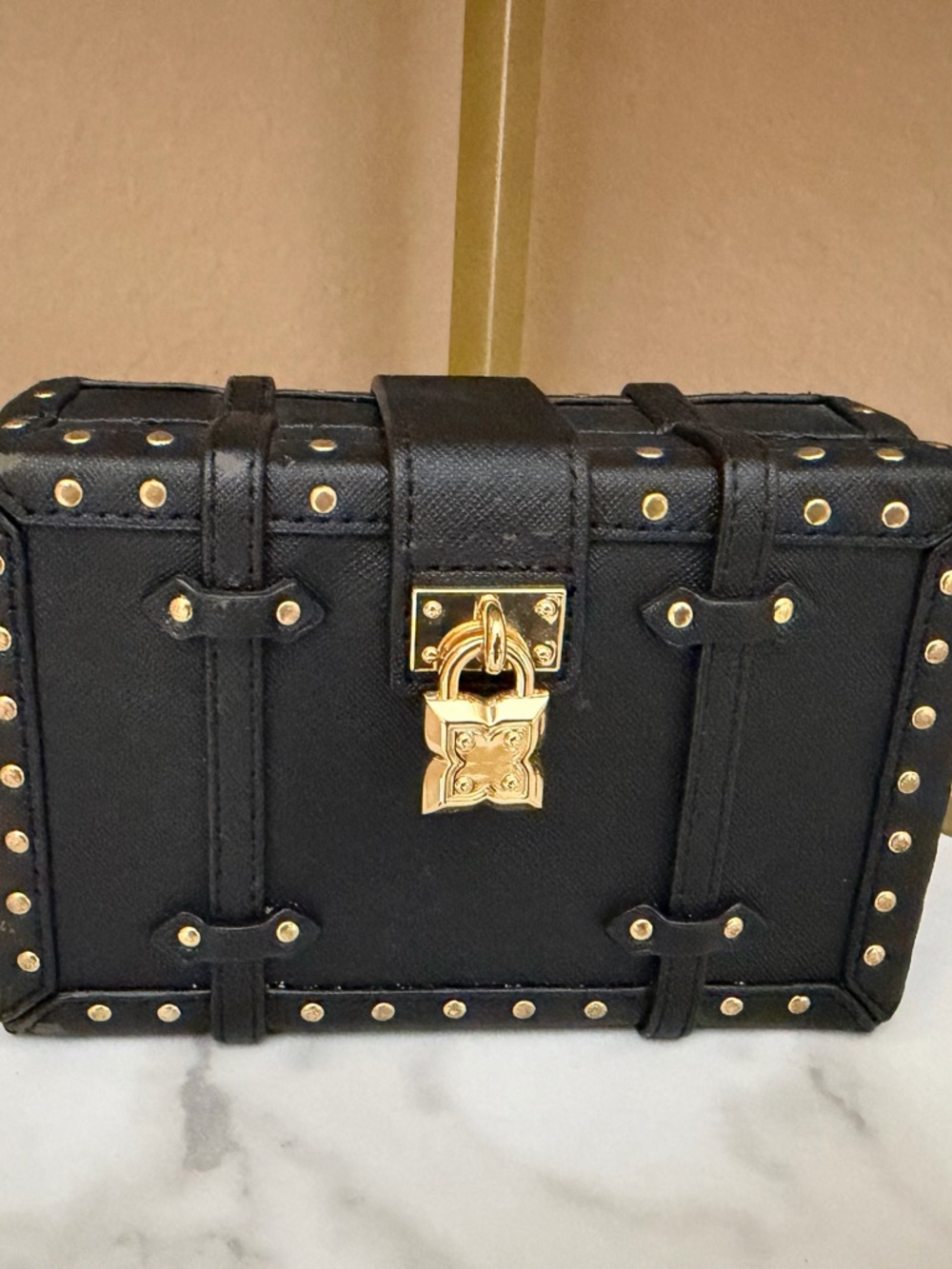 BCBG Black Studded Trunk Box Crossbody Bag Gold Chain Purse